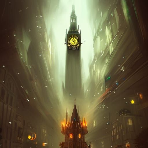 Time Travel, rossdraws, wlop, time tower, gothic, dark atmos...