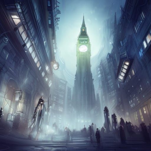 Time Travel, rossdraws, wlop, time tower, gothic, dark atmos...