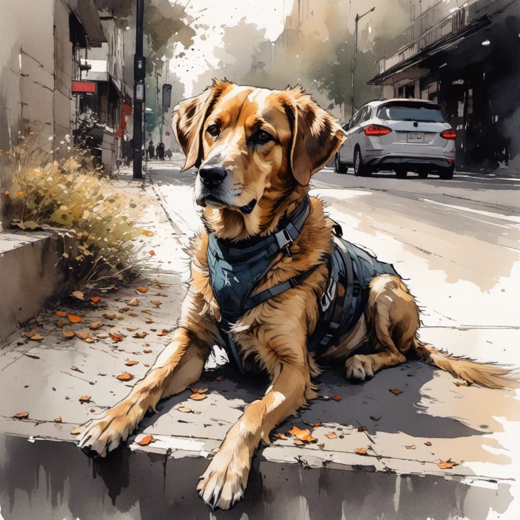 <lora:Ink Sketch:1.0>  An adorable dog sitting on the sidewalk, ink paint sketch, deviantart, sketchlab, intricate details, dynamic