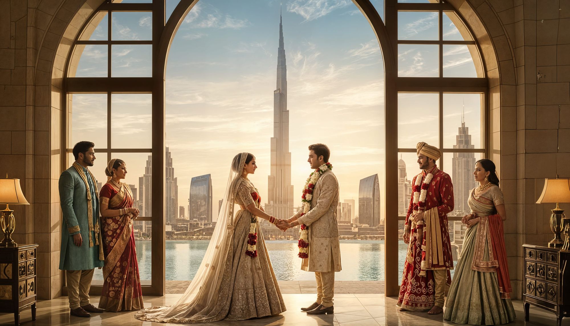 Cinematic poster showing two Indian families standing on opposite sides facing each other, with Dubai's Burj Khalifa and skyline visible bet...