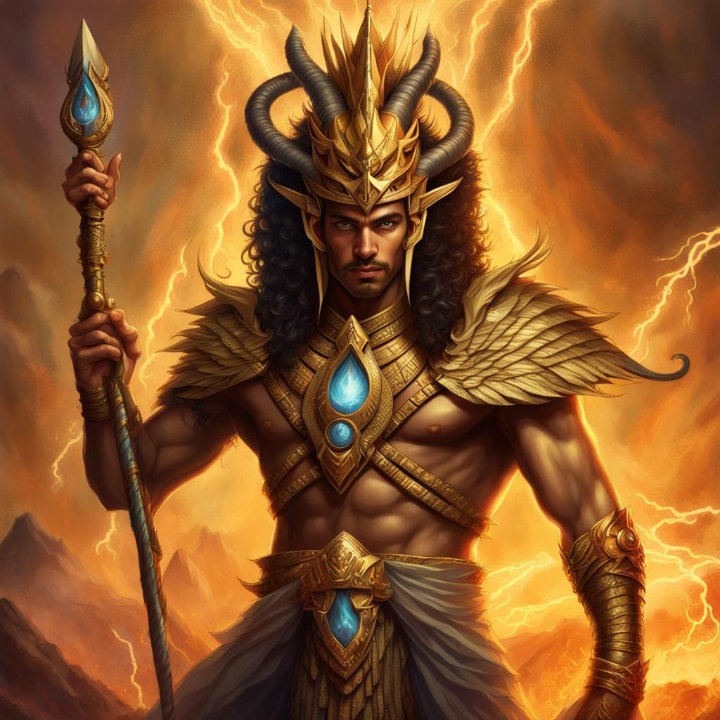 A man egyptian god, wearing gold furry armor, lightning coming out of ...