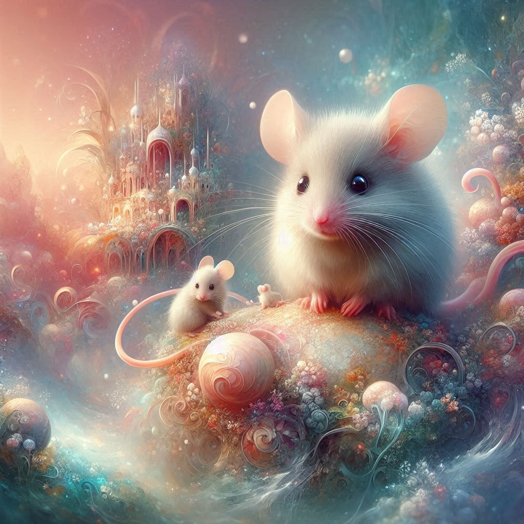 „Zwei Mäuse erkunden ein pastellfarbenes Fantasieland mit magischem Schloss, Licht und verspielter Poesie“