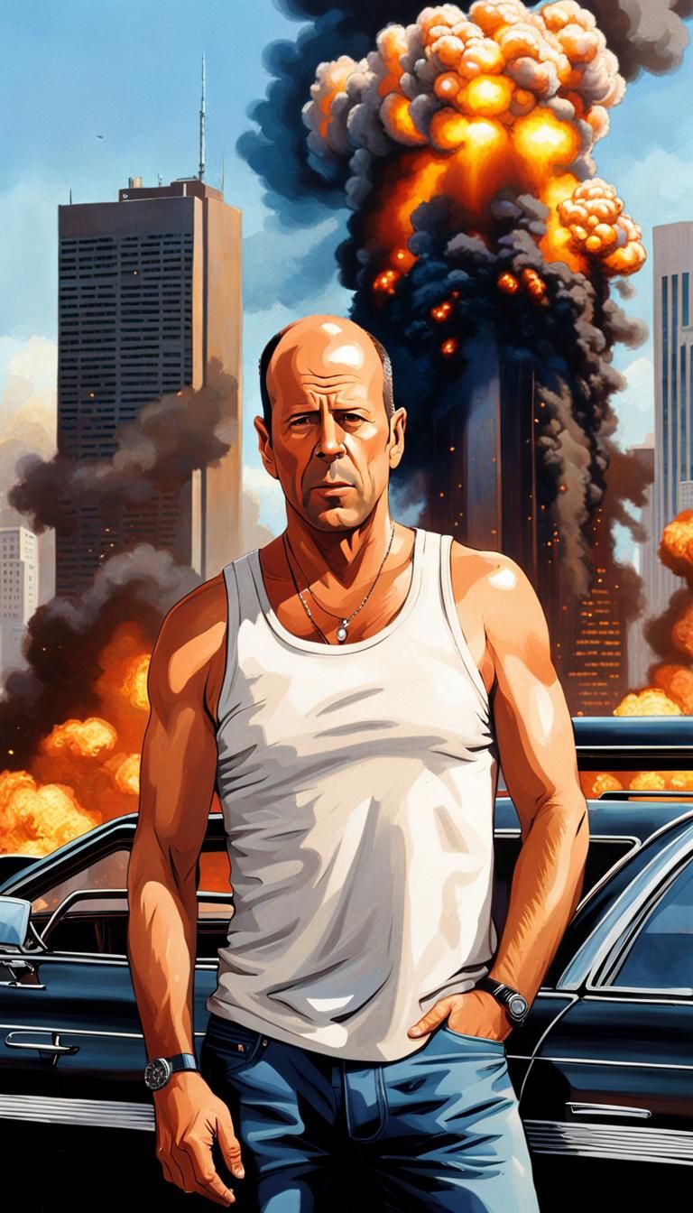 Willis nonchalantly poses for photo while the Nakatomi Plaza explodes in the background   by @Ideal