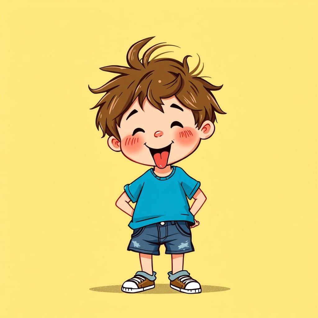 Rosy-Checked Boy Sticks Out Tongue in Sunny Yellow Scene