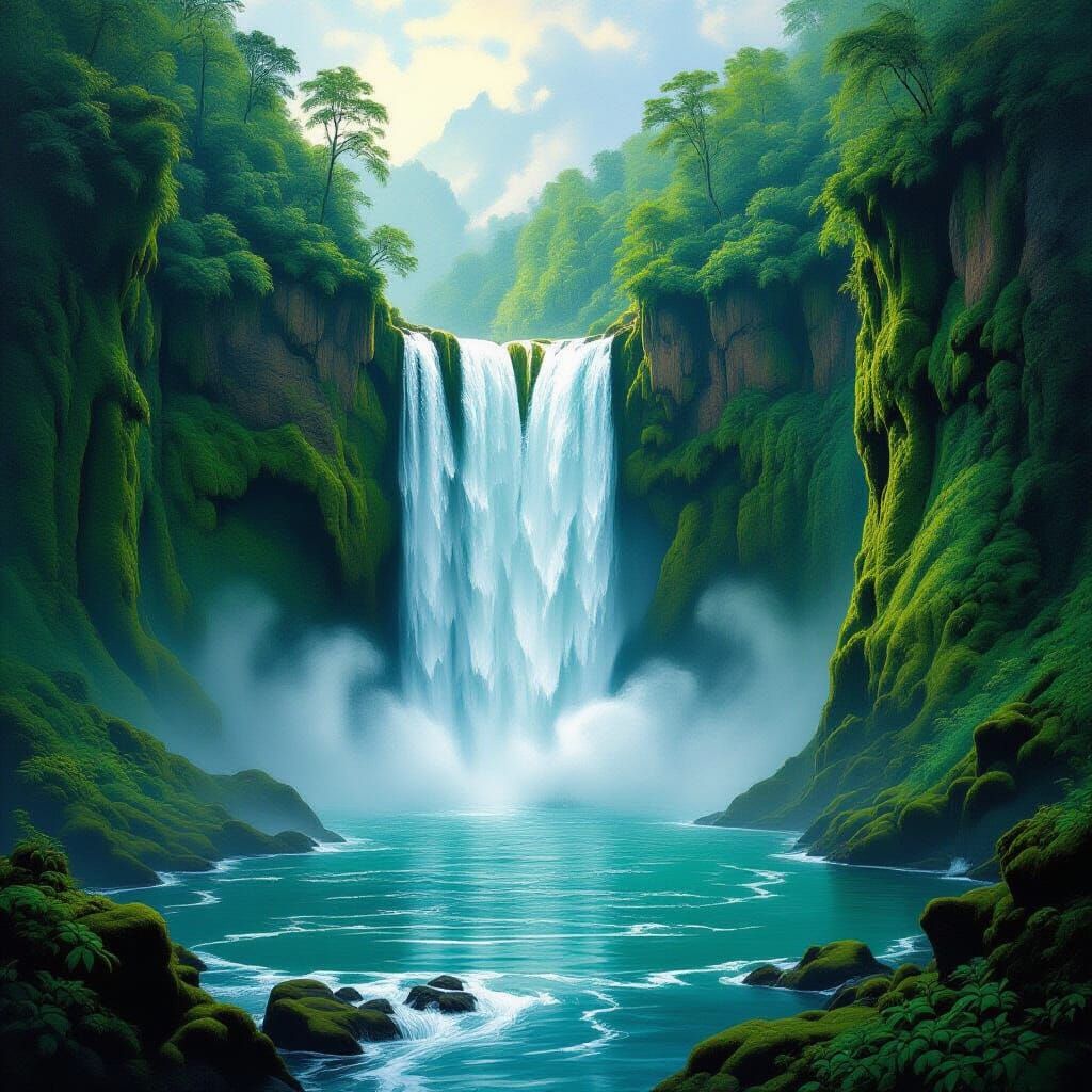 Majestic Waterfall in Hyperrealistic Oil Painting Style