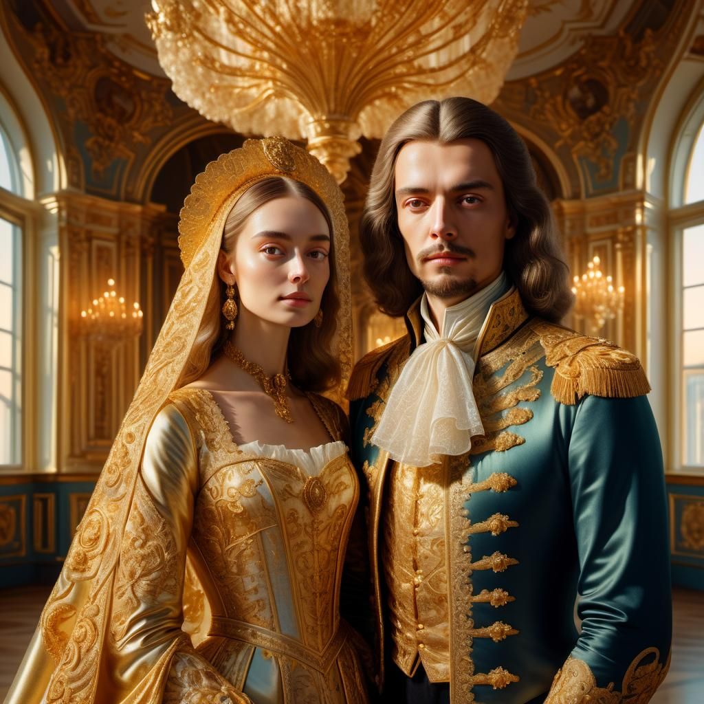 Beautiful Russian couple of seventeenth-eighteenth century. (Peter the Great and Eudoxia). Peter is darkhaired, with a mustache and no beard...