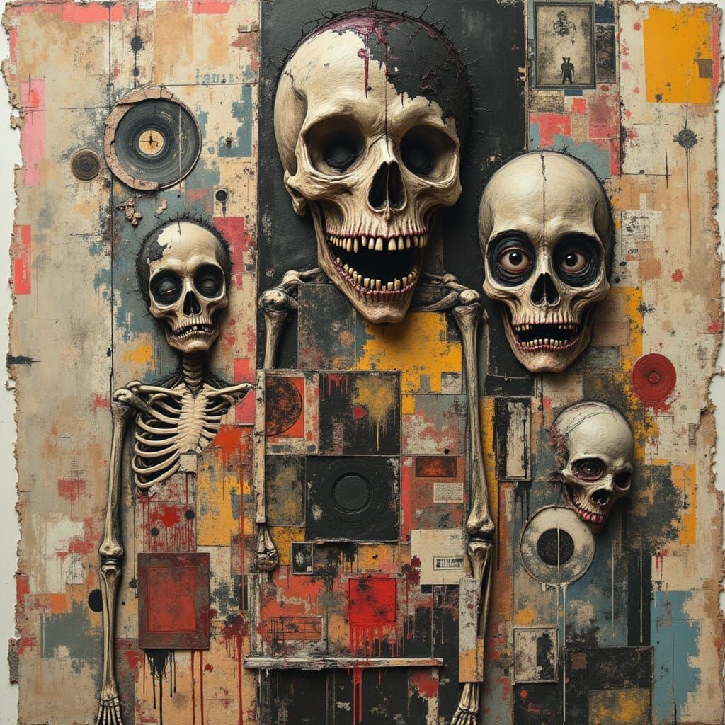 Introspective Collage of Fragmented Identities: textural layering of found papers and organic matter, juxtaposed with skeletal, stylized fig...