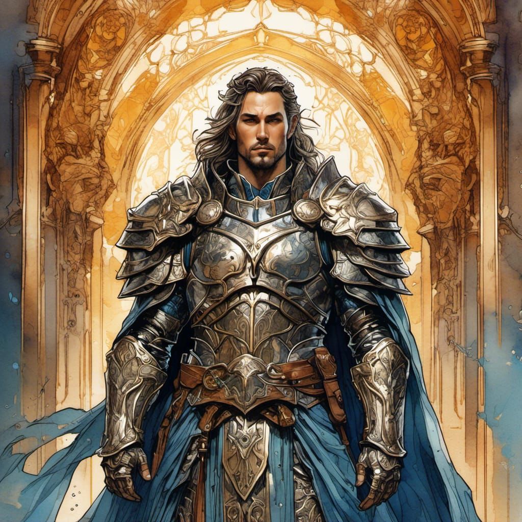 <lora:DWC:1.0> midshot, watercolour style, centered image, ultra detailed illustration of dnd cleric, divine armour and robes, (tetradic col...