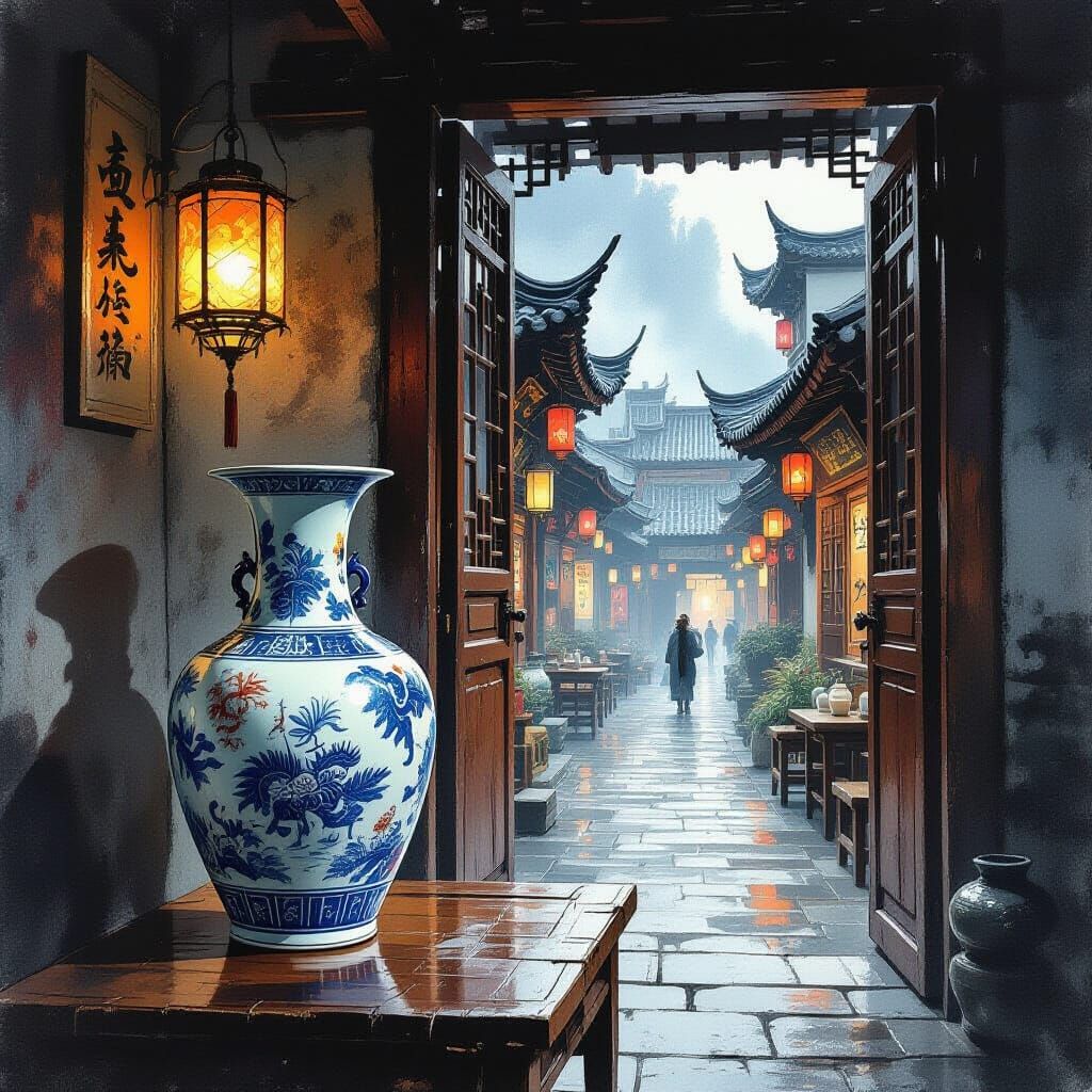 An ancient Chinese vase, intricately painted with mythical creatures, sits on a wooden table inside a bustling tavern. Through the open door...