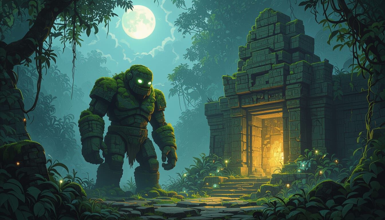 An ancient, moss-covered stone golem stands guard over a forgotten temple entrance, overgrown with bioluminescent flora. Moonlight filters t...