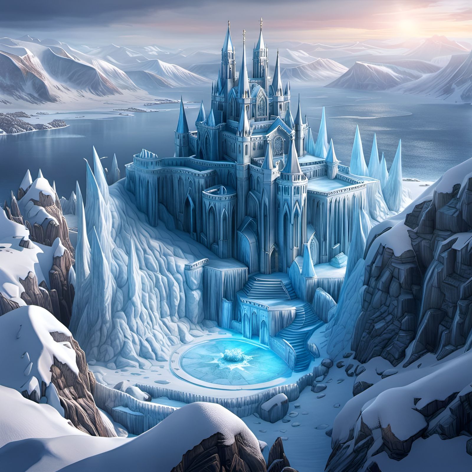 Ice fortress in a frozen landscape  by @Chirminth