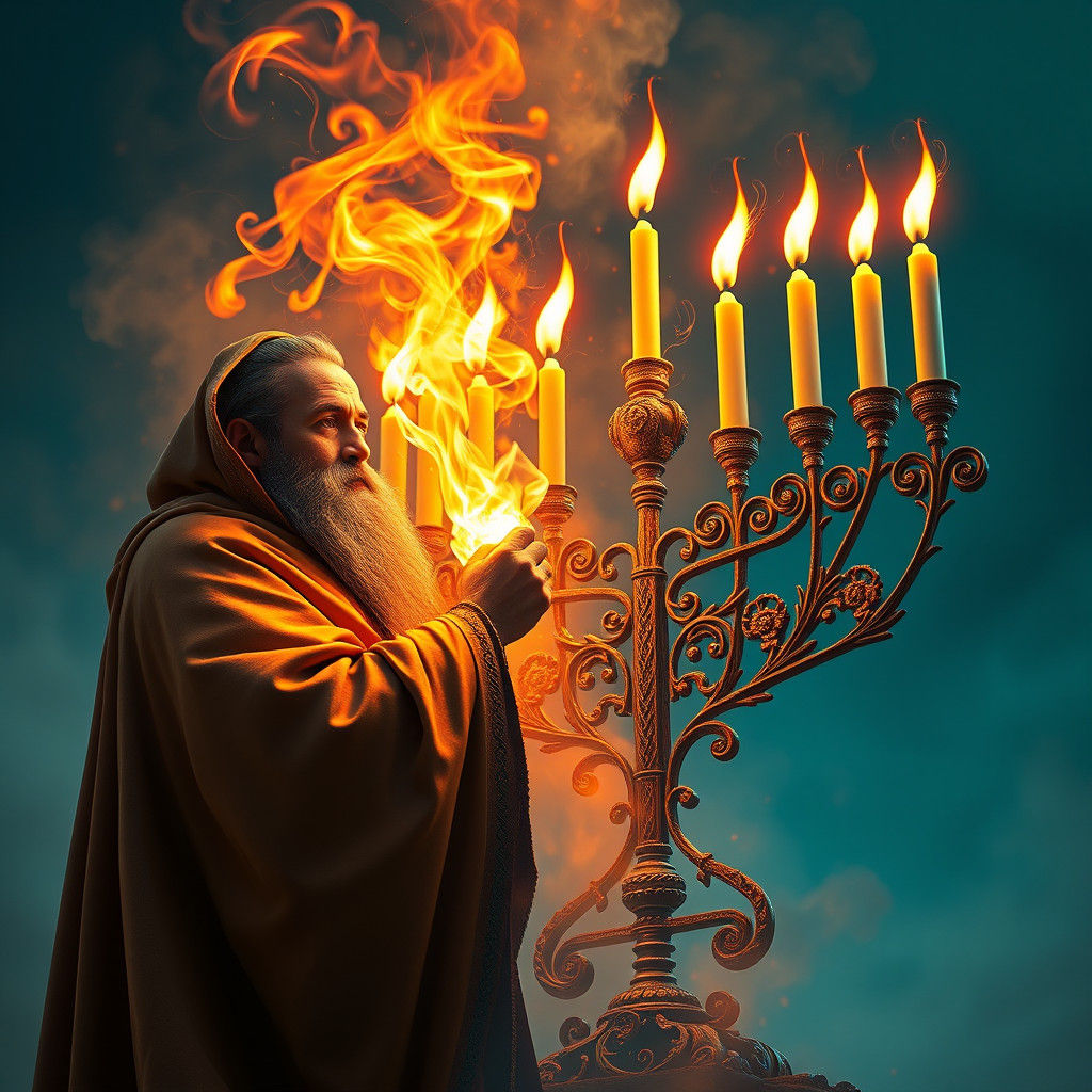 Jewish Man Lights Chanukiah in Fantasy Style