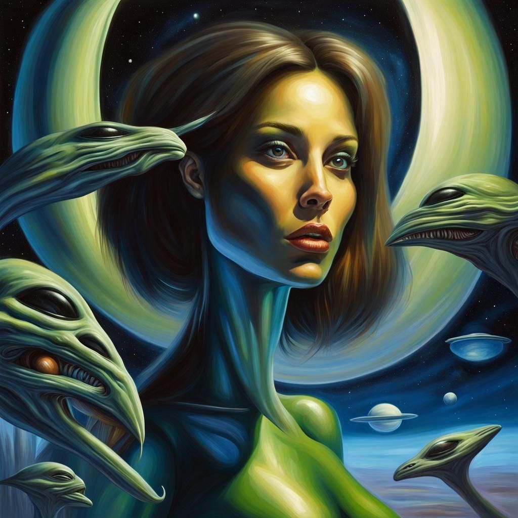 Intergalactic scene with alien, aliens and beautiful woman, ...