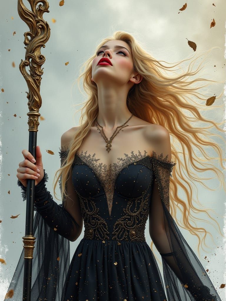 <lora:Retro Chic Reverie:0.5> A head to waist watercolor portrait of an incredibly chic beautiful Norse Goddess holding an ornate staff, ca...