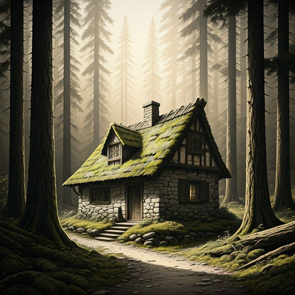 Cozy Forest Cottage with Moss-Covered Stone Walls in Charcoa...