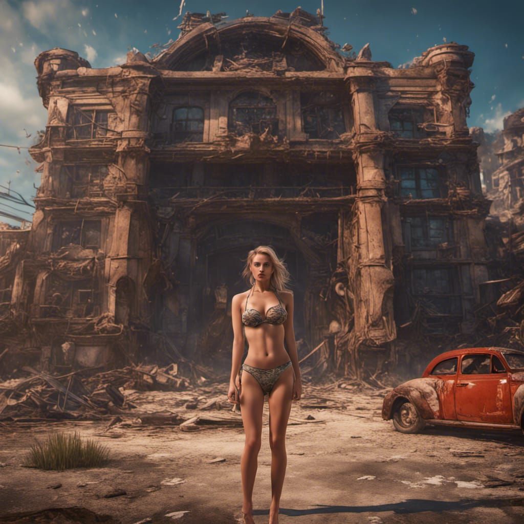 Girl in bikini dress infront of  fired building