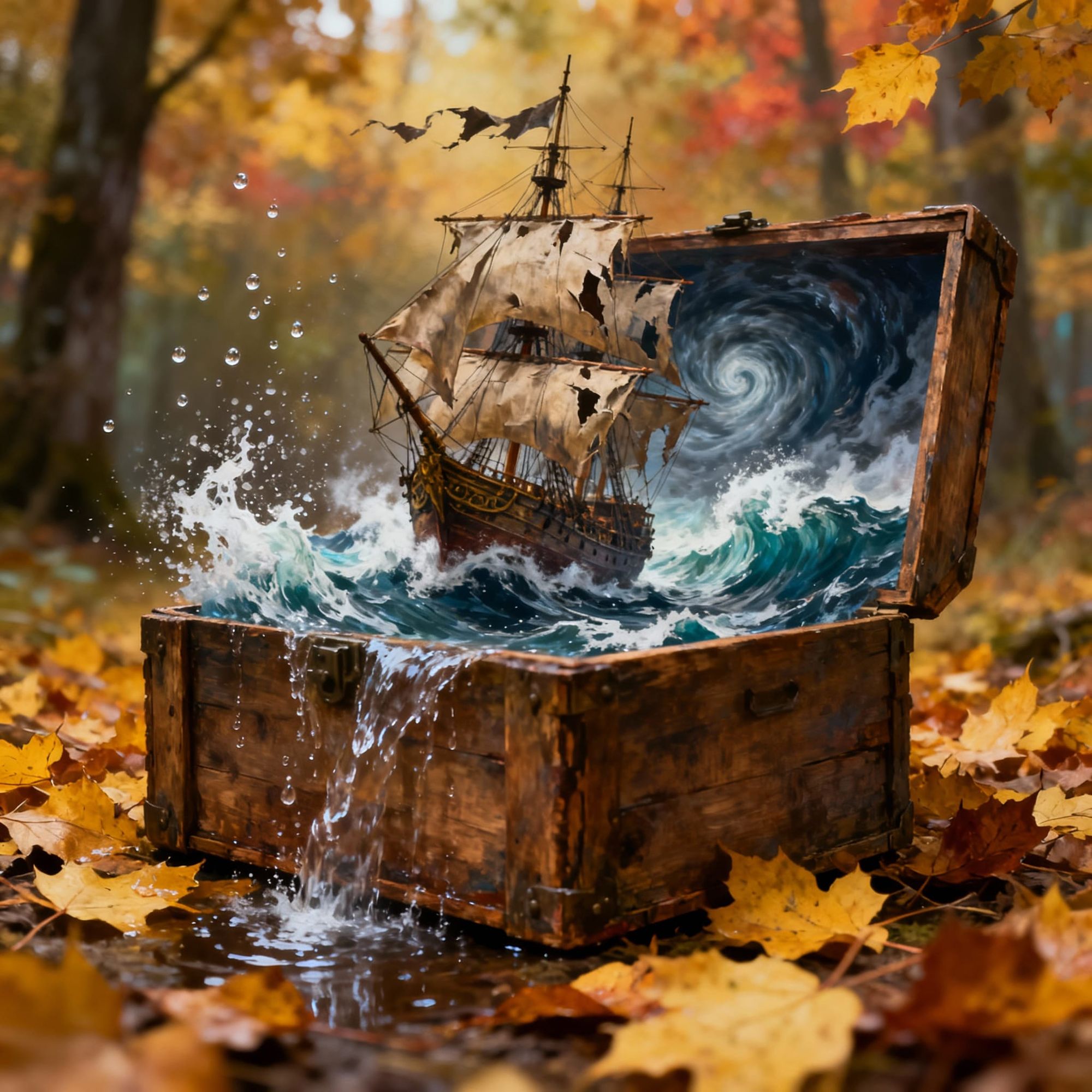 An ordinary old wooden crate standing on the ground covered with golden autumn leaves. Inside the crate, instead of emptiness, there is a ra...