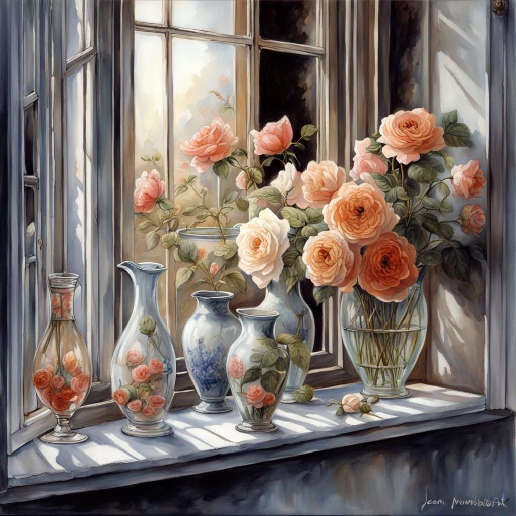 in a windowsill of an old-fashioned window there are countle...