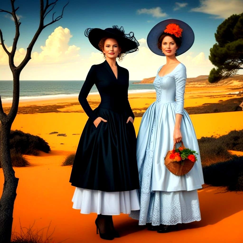 Two Elegant Women Bask in the Radiance of a Seaside Paradise