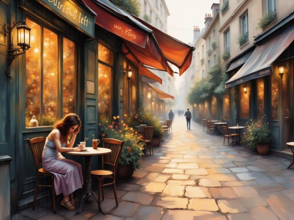 <lora:GAZLayeredArt:1.0> A street cafe scene in Paris