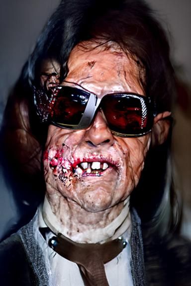 A bloody zombie with no lips and rotting teeth with sunglass...