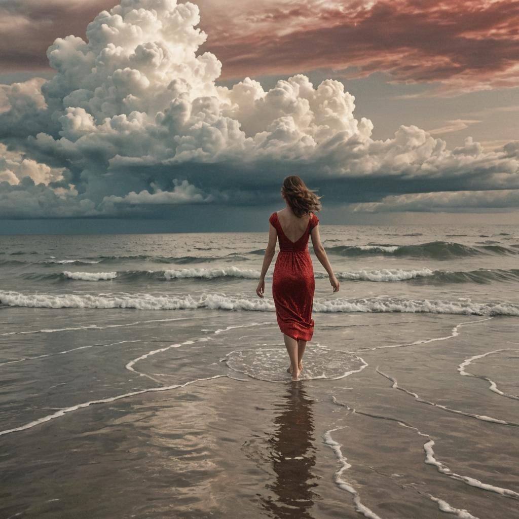 A beautiful woman in a sparkly red dress walking on the sea ...