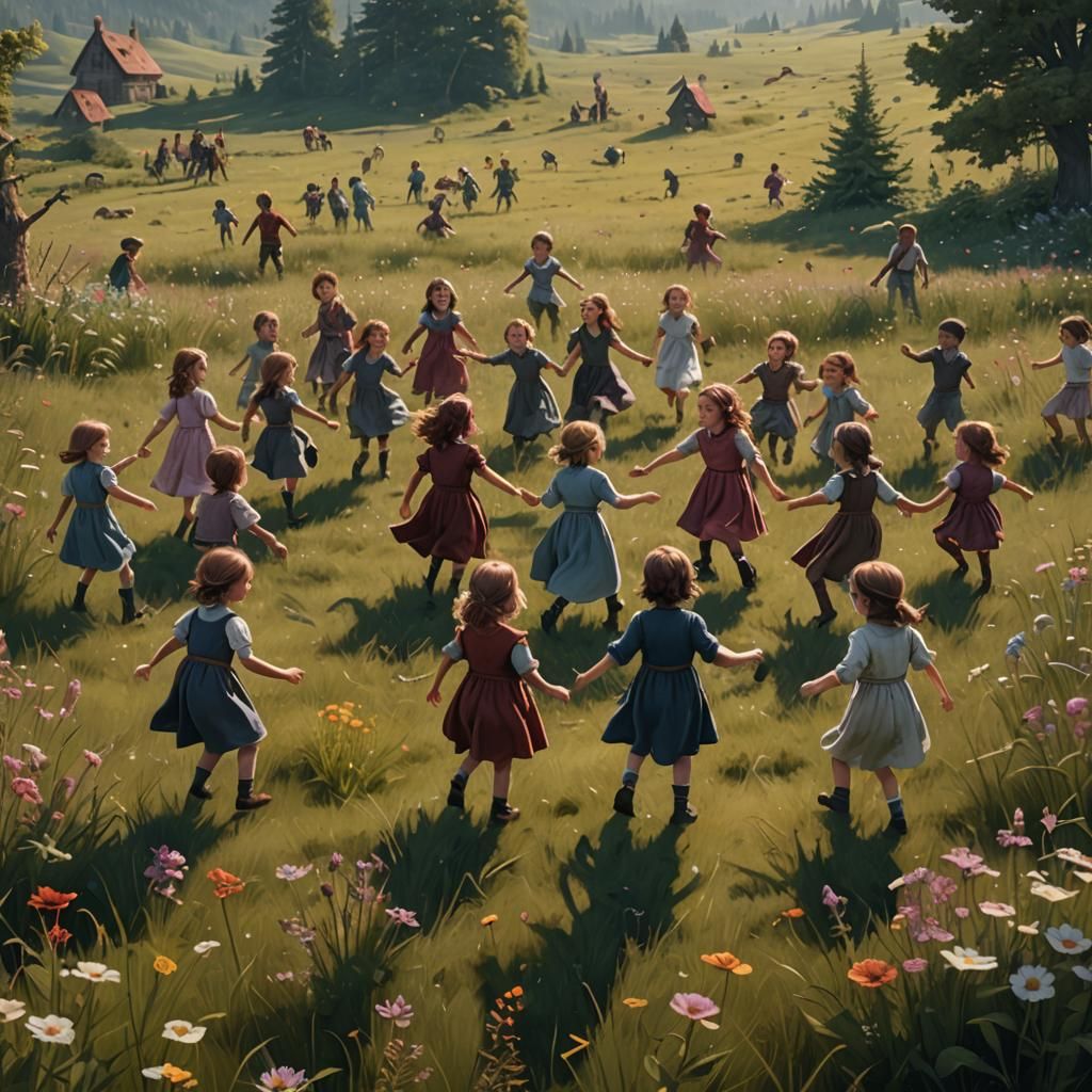 Group of children playing ring-around- the -rosie in a meadow