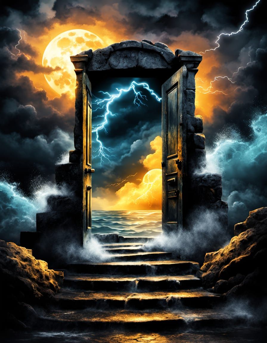A glowing door standing alone in the middle of the ocean  by @Dream_interpreter