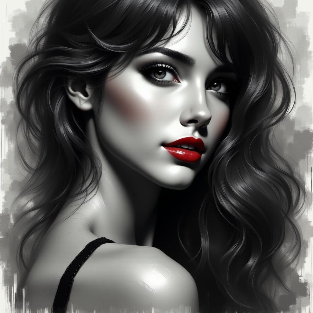 painted Carchoal sketch, selective color, gray scale woman, red lips, alluring, sensual but tasteful, only red scarlet lips <lora:BeautyStro...