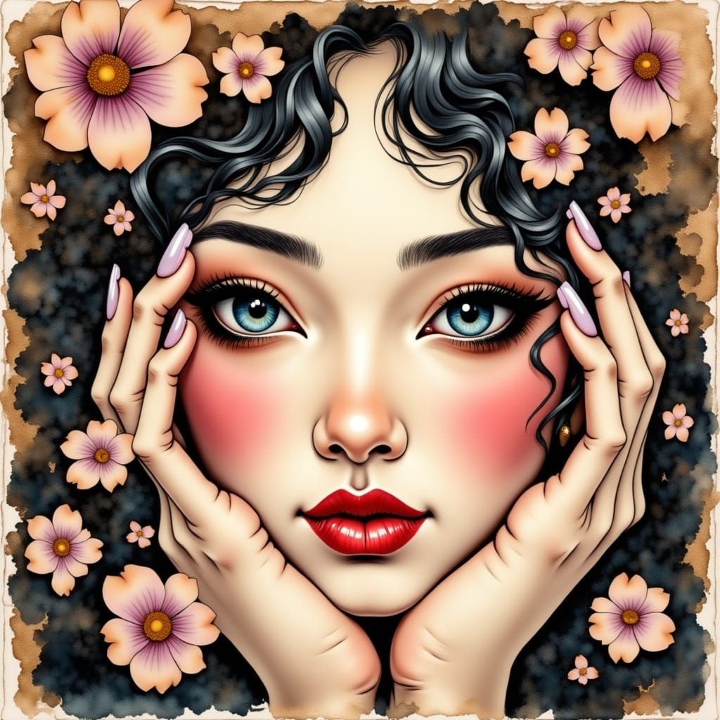 A beautiful unique woman's Round face in her hands, pen and Color ink illustration, soft watercolors, ethereal, perfect eyes, Anatomically c...