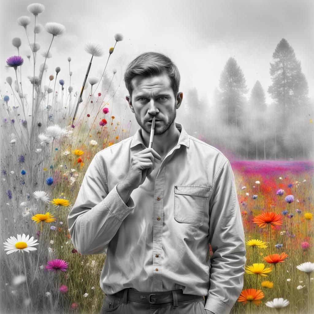 color selective art + gray -white color,  a painter standing...