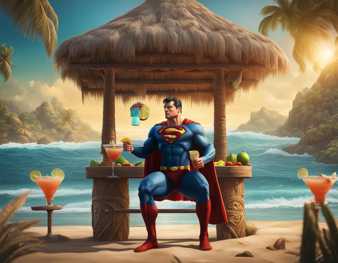 Superman in swim trunks standing under a palapa drinking a margarita at ...