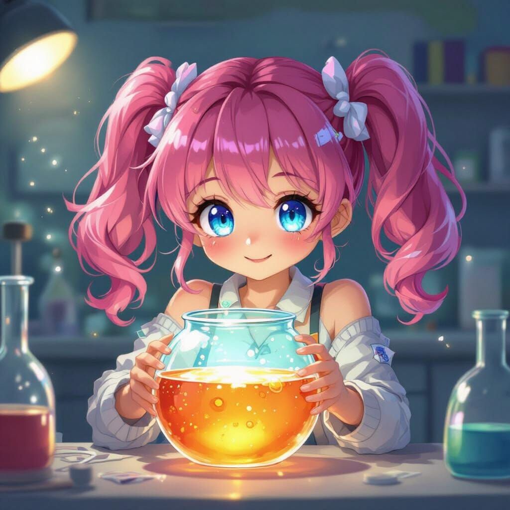 Cute Anime Character with Glowing Eyes Holding Petri Dish