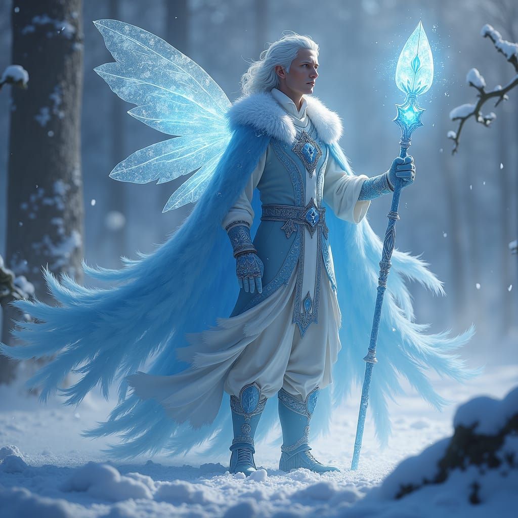 Hot male winter fairy with ice staff