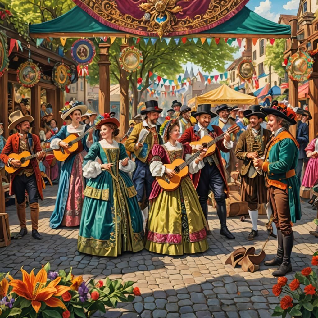A vibrant, photorealistic scene of a lively Renaissance-era ...