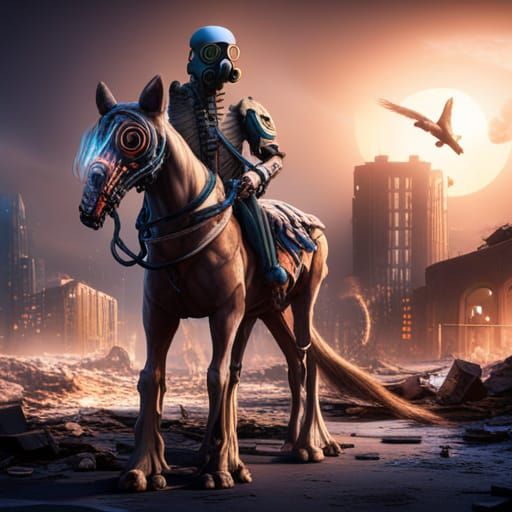 A skeletal horse wearing a gas mask in a city destroyed
