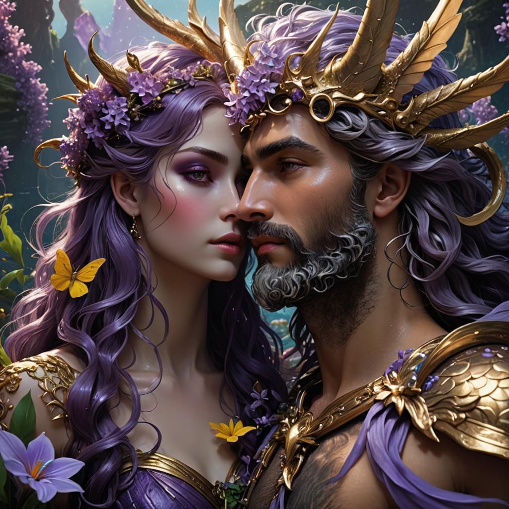 Lilac eyed meadow fairy being kissed on the forehead by a be...