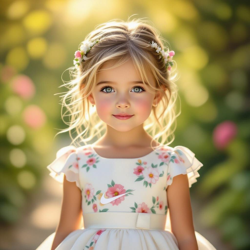 Young Girl in Floral Dress and Sneakers in Garden