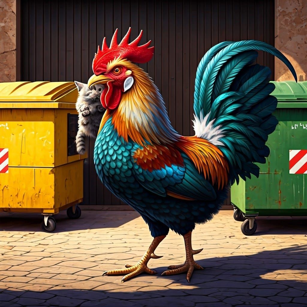 Vibrant Rooster Strolls Nahariya Streets with Feline Compani...