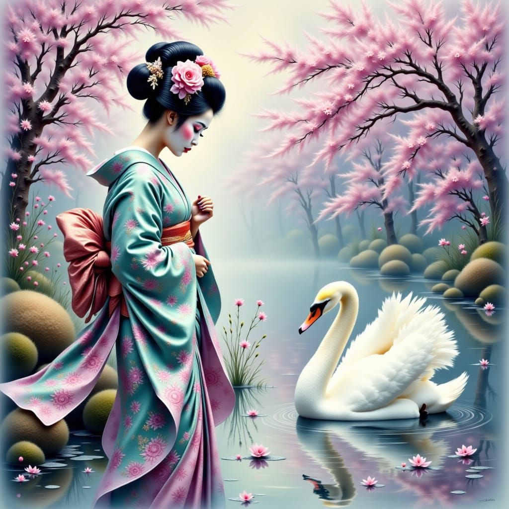 <lora:Mixing It Up:1.0> beautiful stunning geisha in teal and magenta silk, beautiful reflection pond white swan mauve Sakura tree ethereal ...