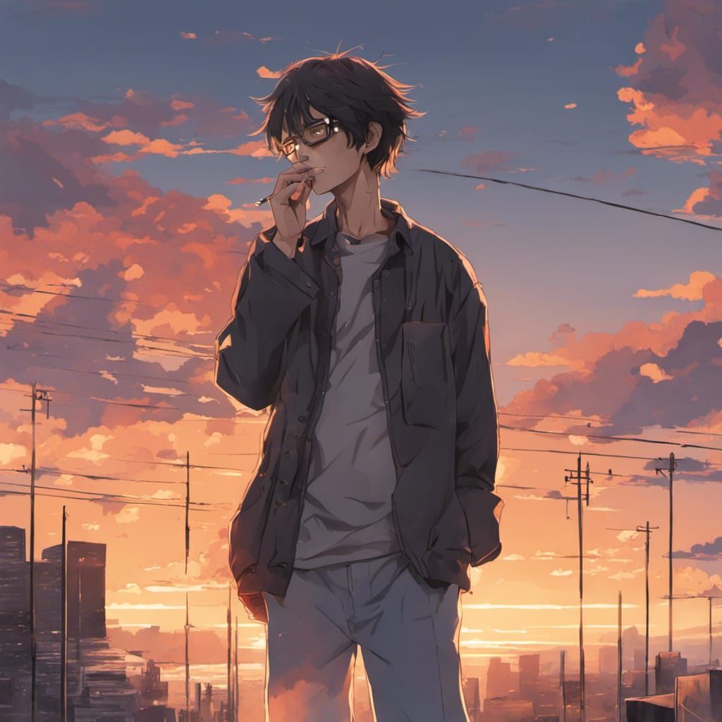 Guy smokes at sunset