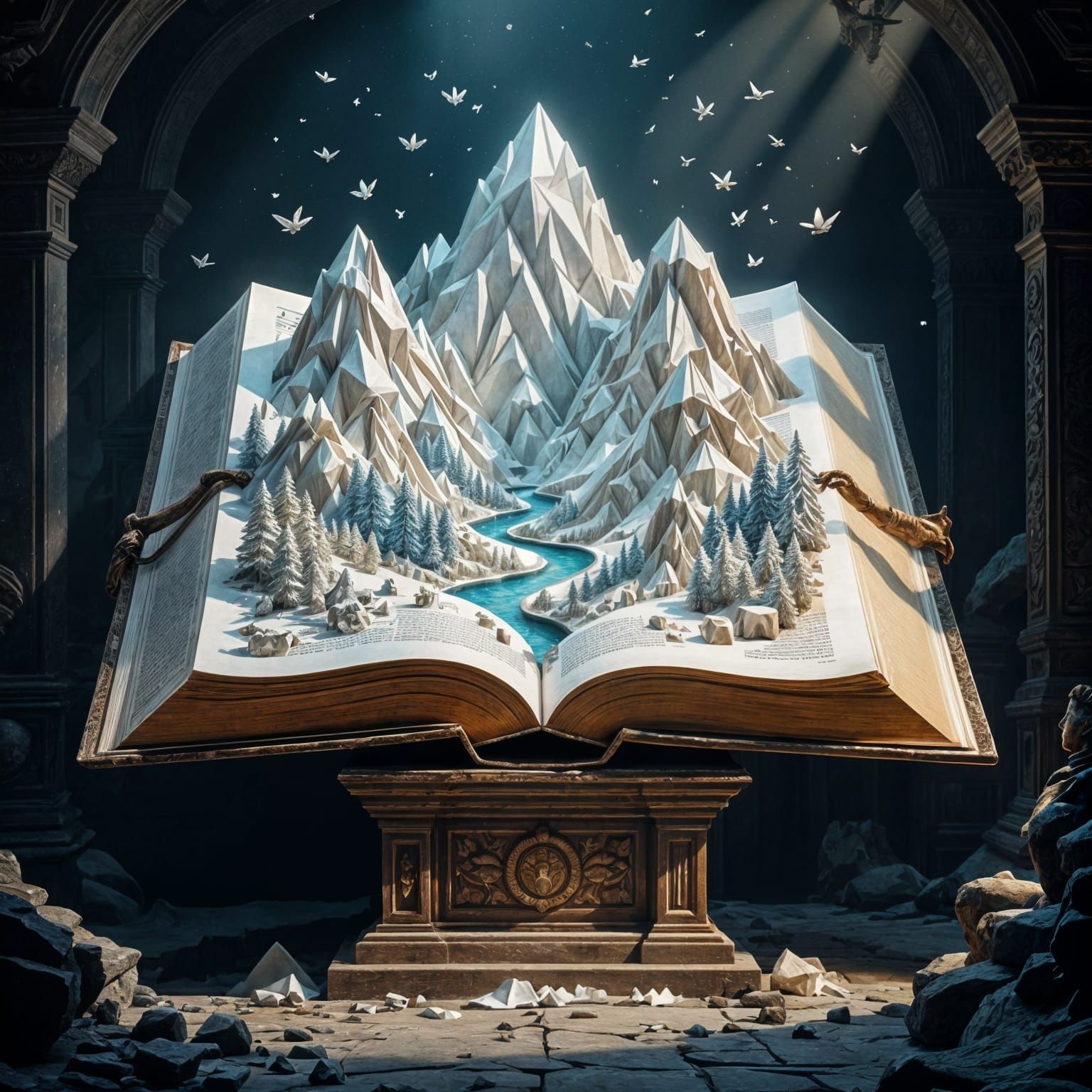 English: An epic digital painting in the "Night Cafe Art" style, depicting a vast and incomprehensibly detailed origami world emerging from ...