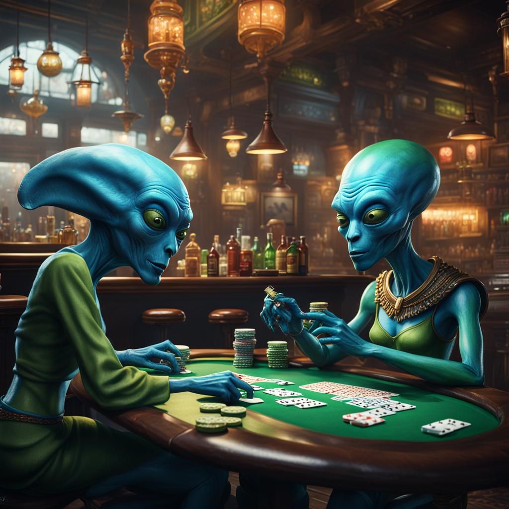 A blue alien and a green alien female playing poker in a bar...