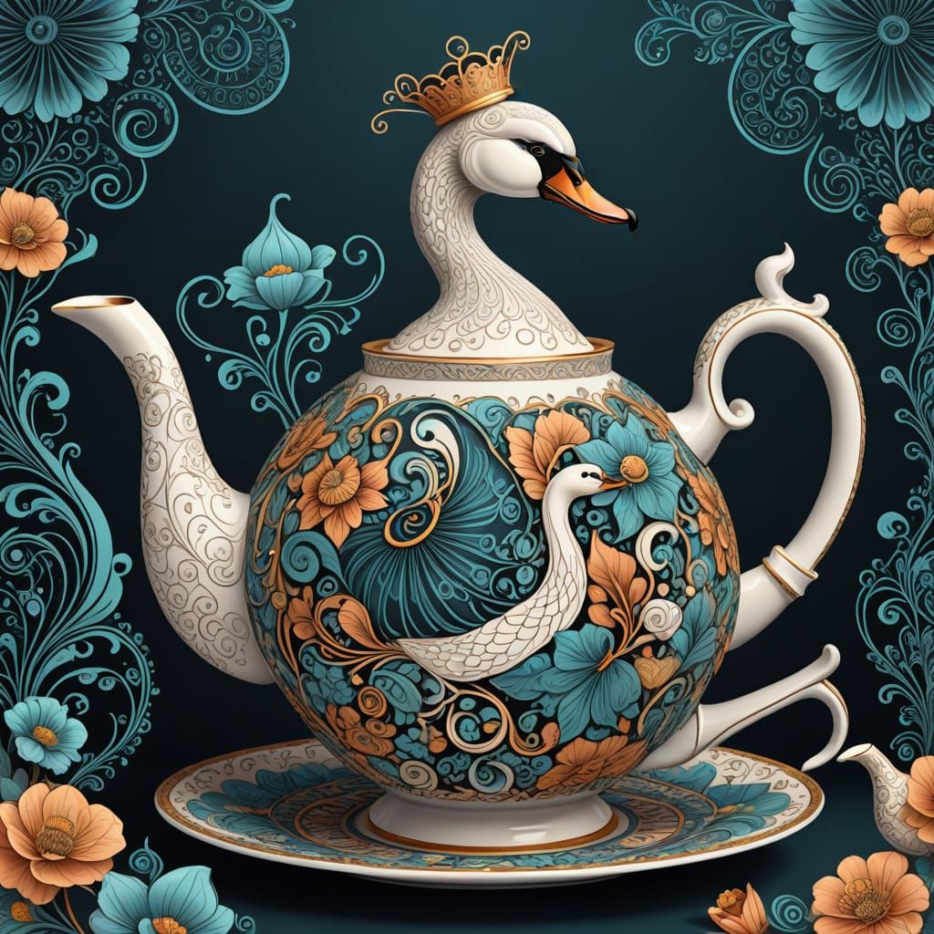 Postmodernism. A whimsical cartoon swan wearing a tiny top hat and monocle, sipping tea from an ornate teapot. Studio lighting. A playful, h...