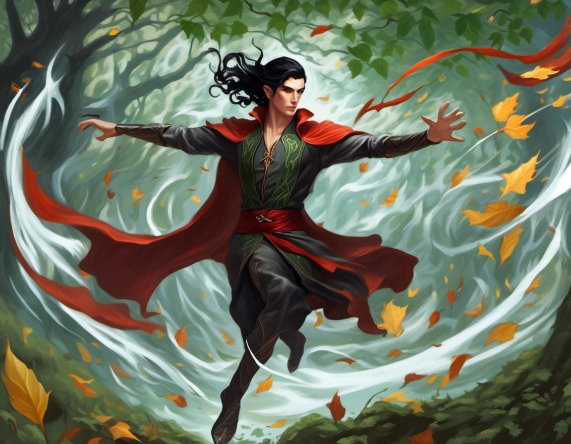 A handsome younger elf man (grey_eyes, short_wavy_undercut_black_hair, pointed_elf_ears) arms outstretched casting wind magic with swirling...