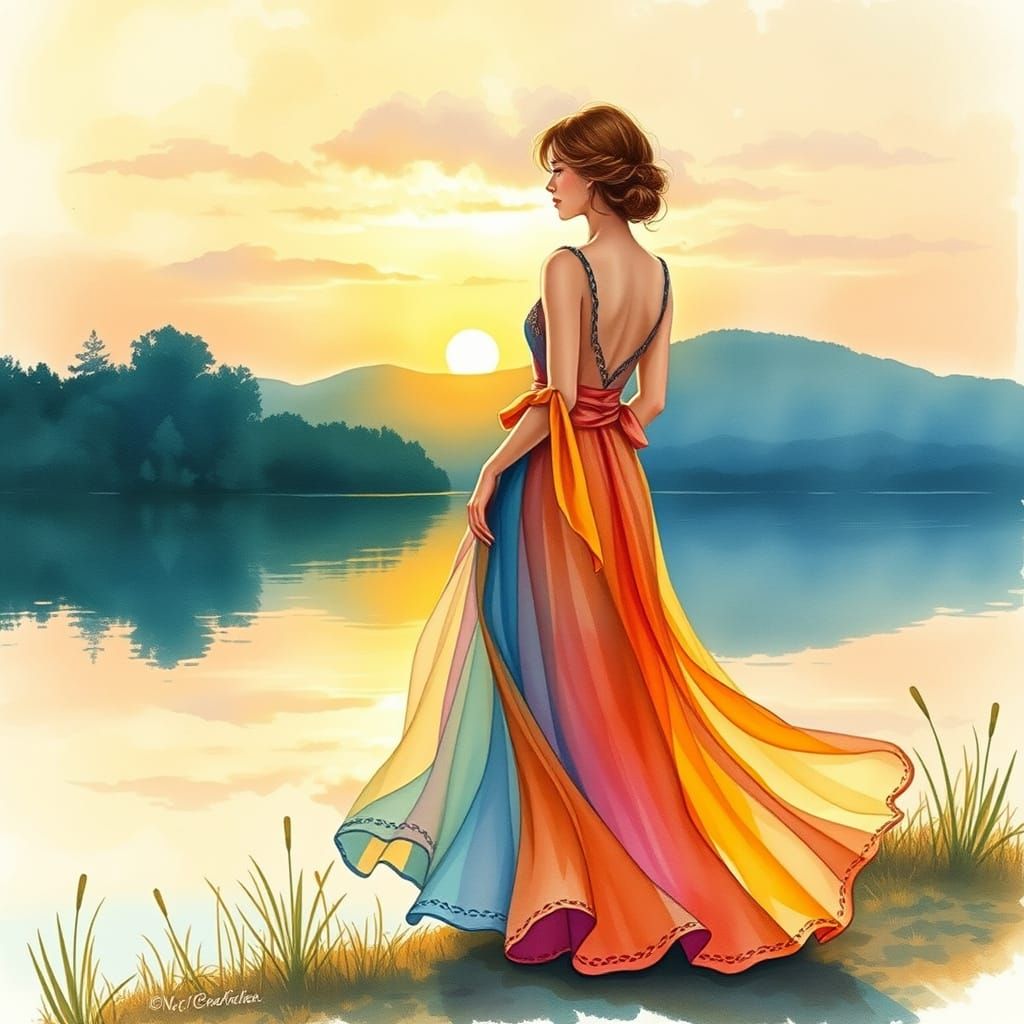 Woman by Lake at Sunset in Watercolor Style