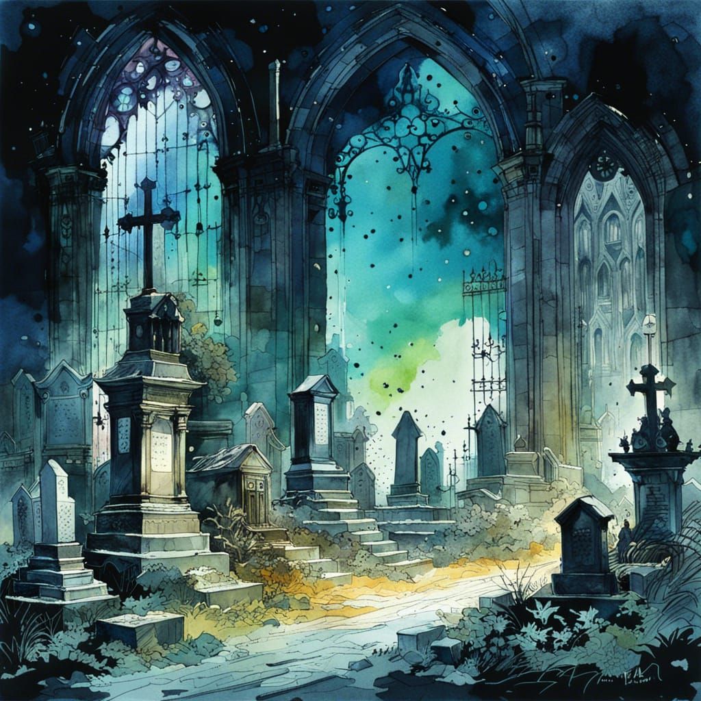 Dark and stormy cemetery at night, ver. 2