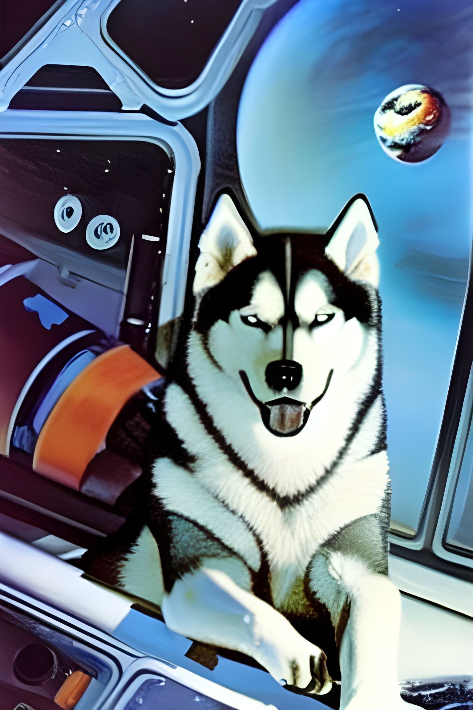a Siberian Husky onboard a space station