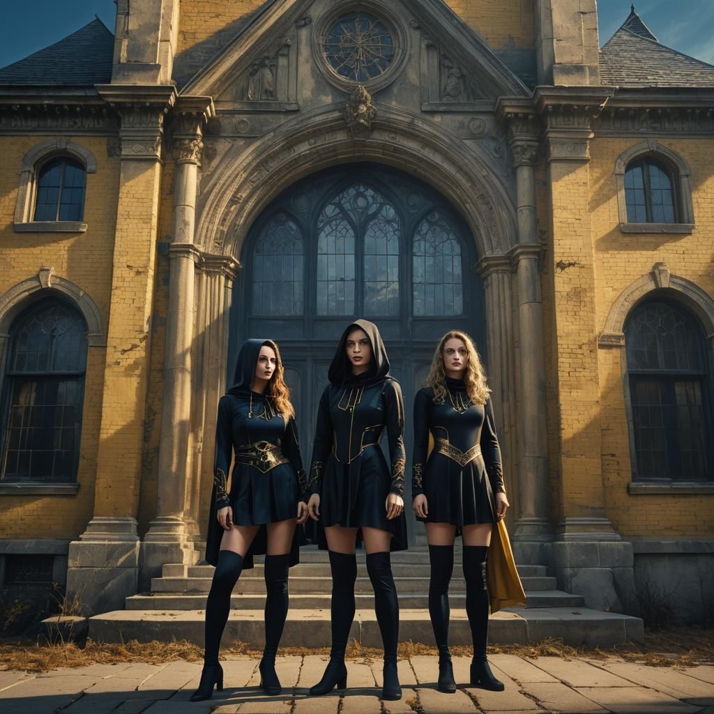 3 young women in a black silk leotard and hooded cloak stand...