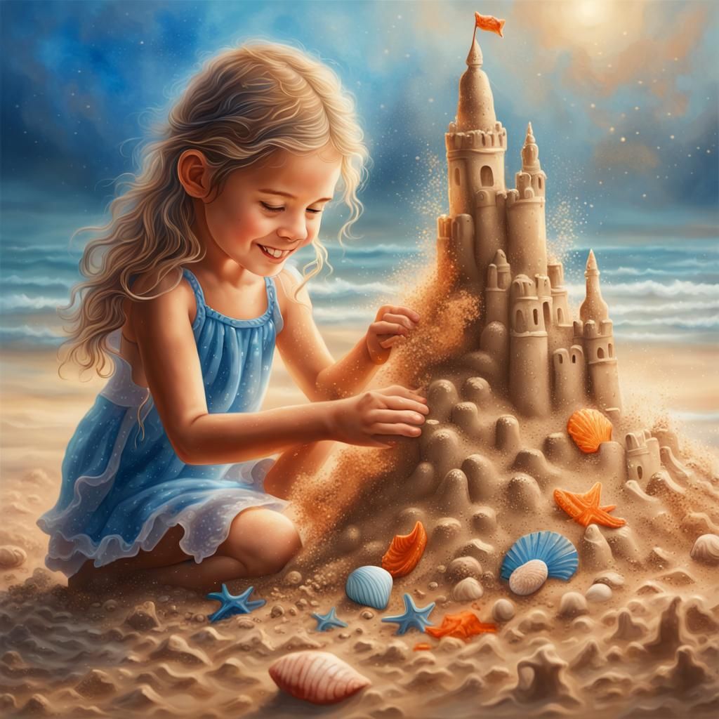 Happy Girl Playing & Building A Sandcastle